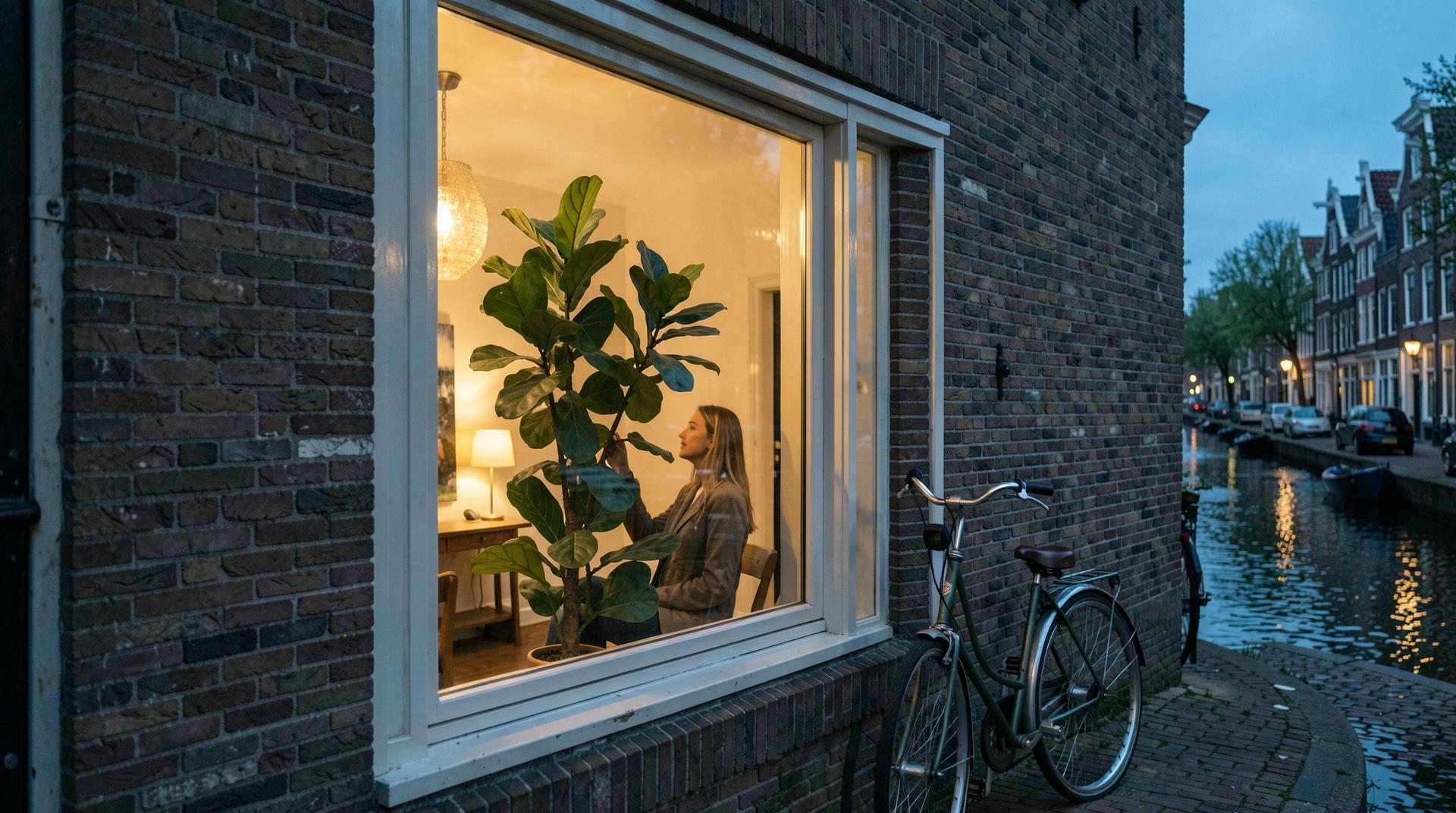 Grachtenhaus in der blauen Stunde, im Fenster eine Frau mit Zimmerpflanze.