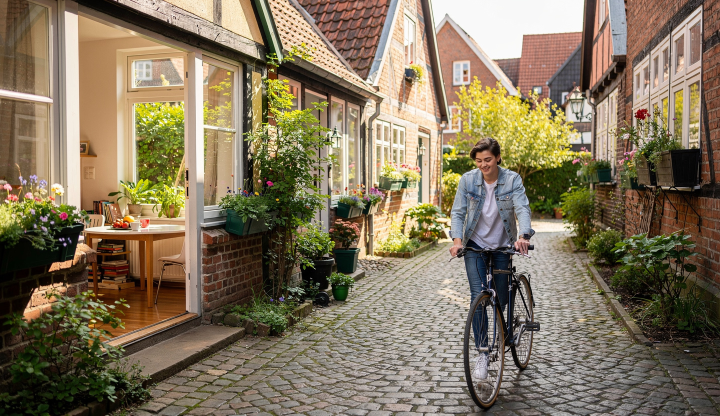 Studentin schiebt ein Fahrrad über das Kopfsteinpflaster im Schnoor.