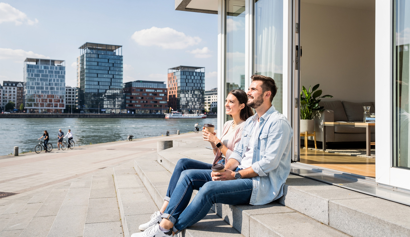 Zwei Studierende sitzen an der Rheinuferpromenade in Düsseldorf.