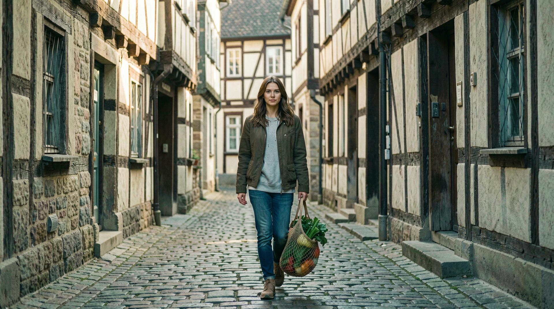 Junge Frau mit Markttasche in einer Fachwerkgasse.