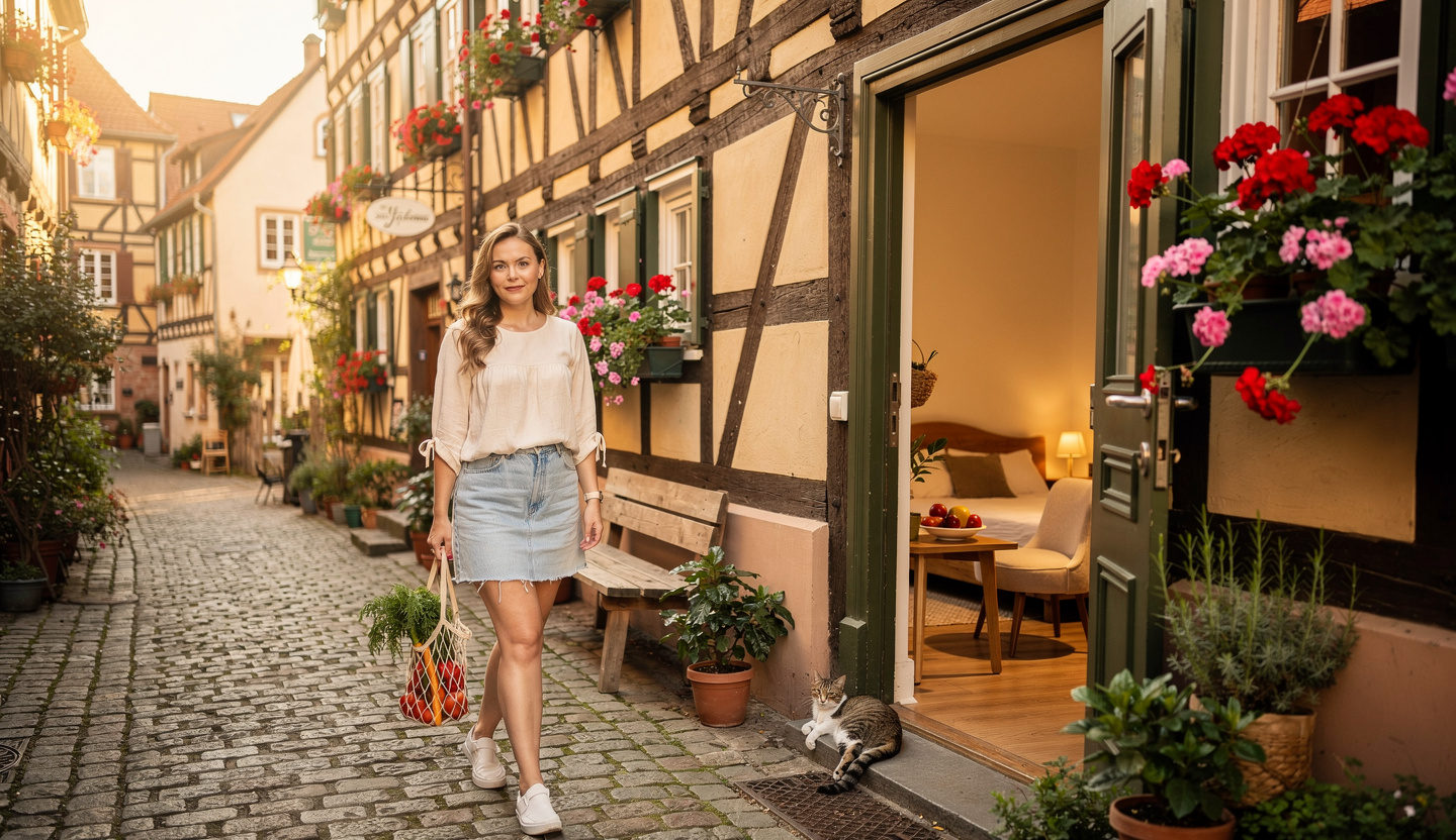 Junge Frau mit Markttasche in einer Fachwerkgasse.