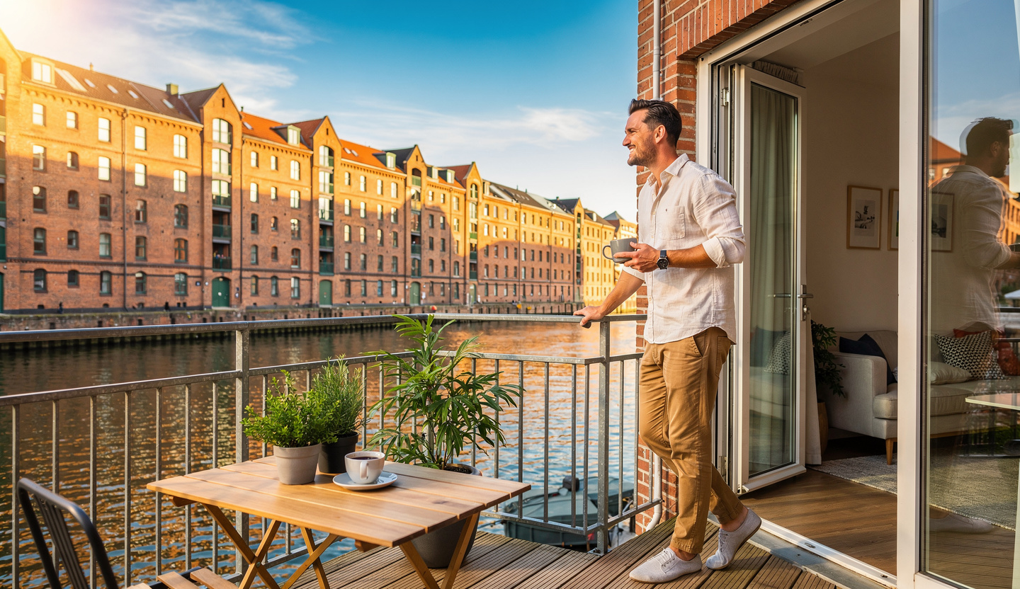 Mann geht in der blauen Stunde an den Kanälen der Speicherstadt entlang.