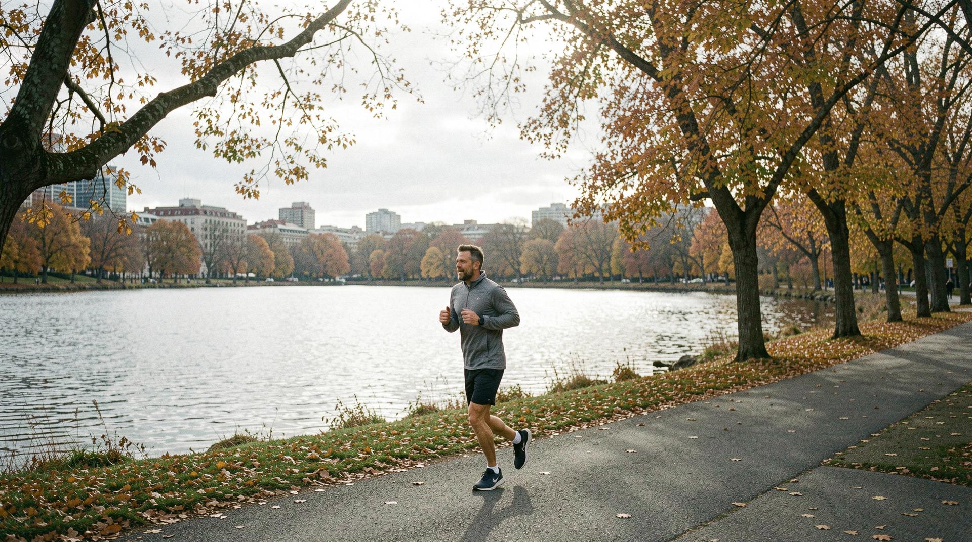 Jogger am Stadtsee im Herbst.