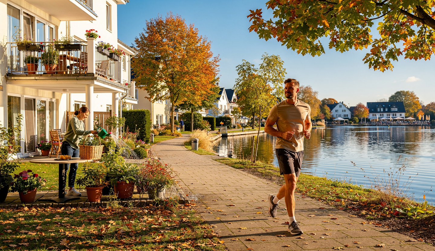 Jogger am Stadtsee im Herbst.