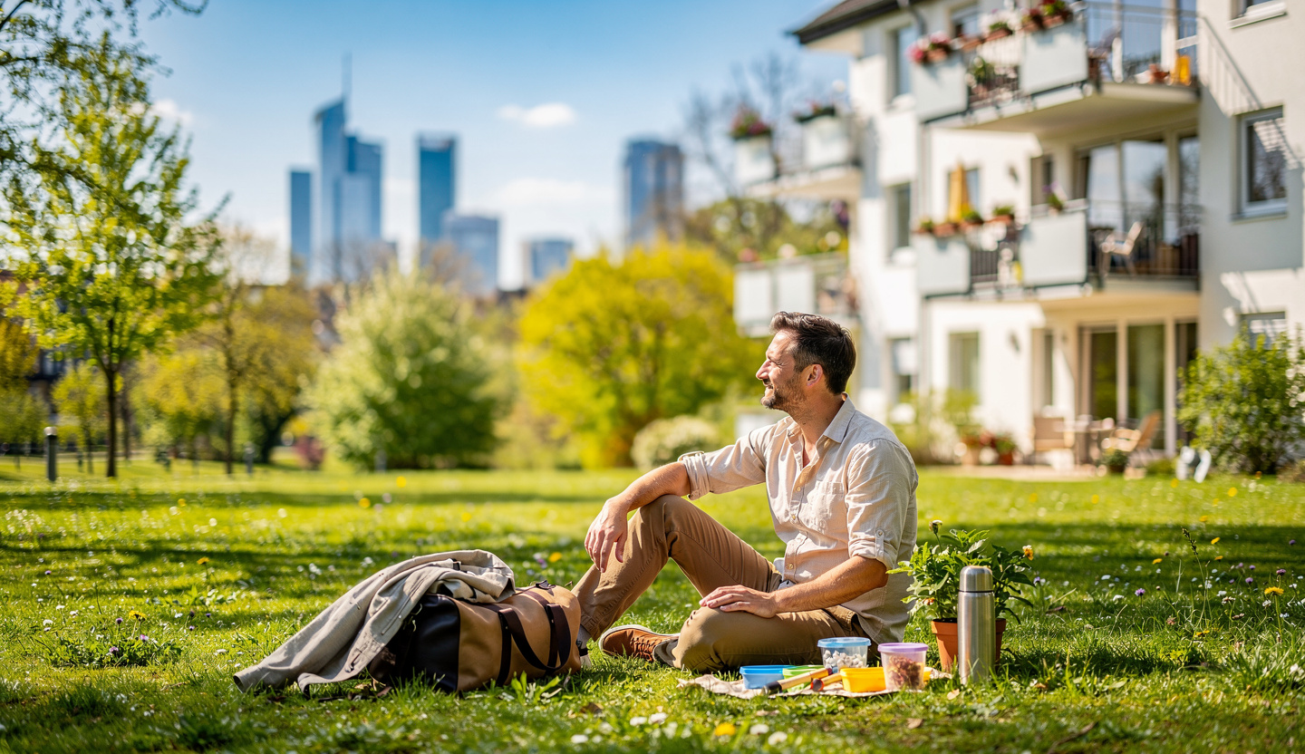 Mann sitzt im Herbstlaub, Skyline von Frankfurt in der Ferne.