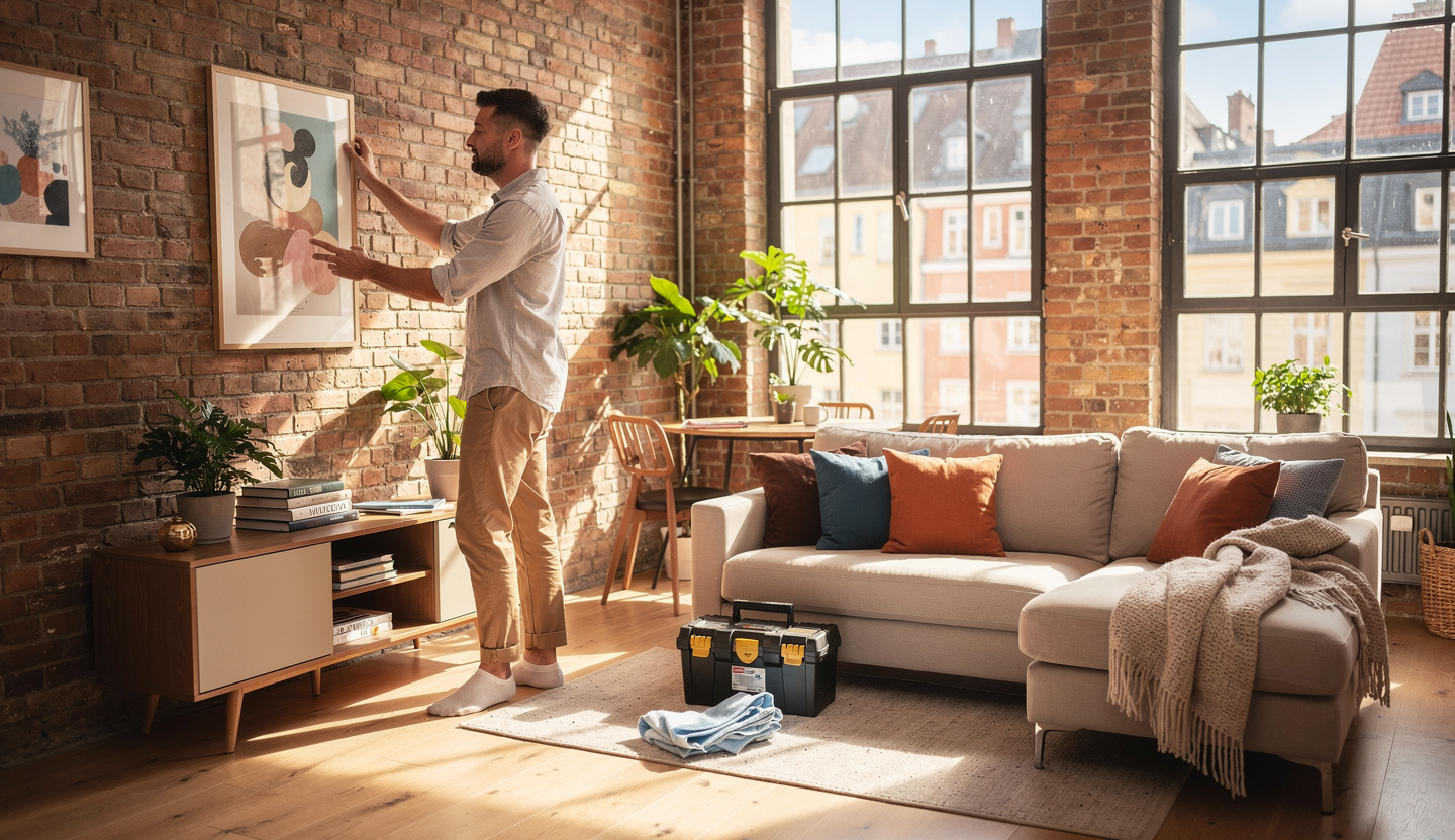 Mann streicht eine Wand in einem Loft mit Industriefenstern.