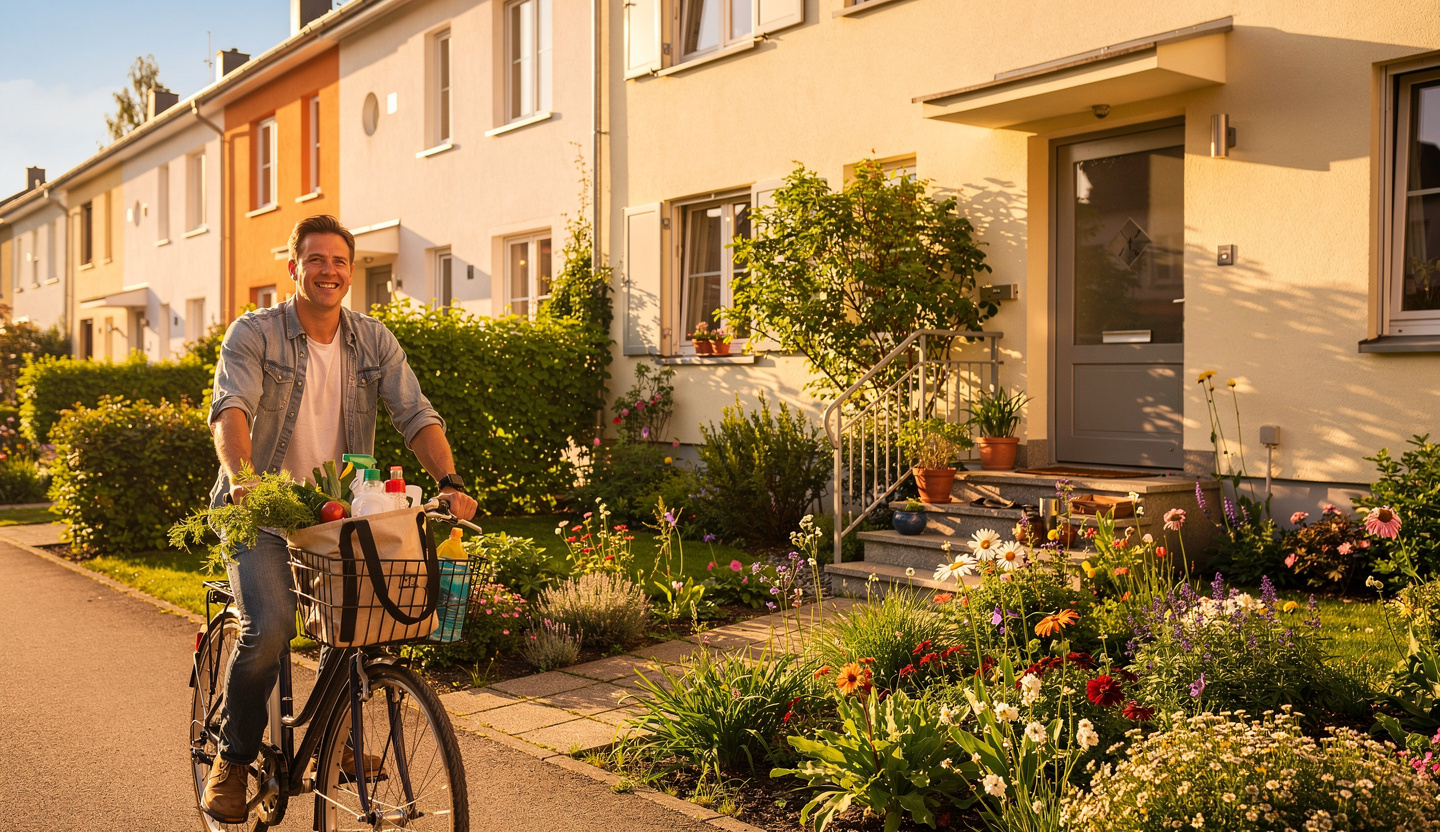 Handwerker macht Pause an einer Gartenmauer neben Werkzeug.