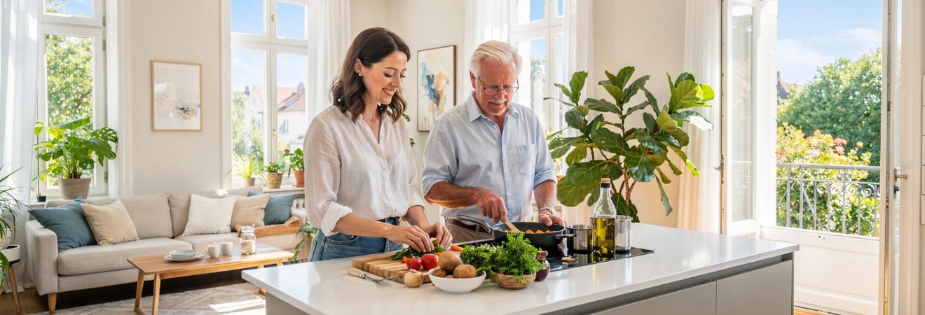 Junge Frau und älterer Mann kochen gemeinsam in einer hellen Küche.