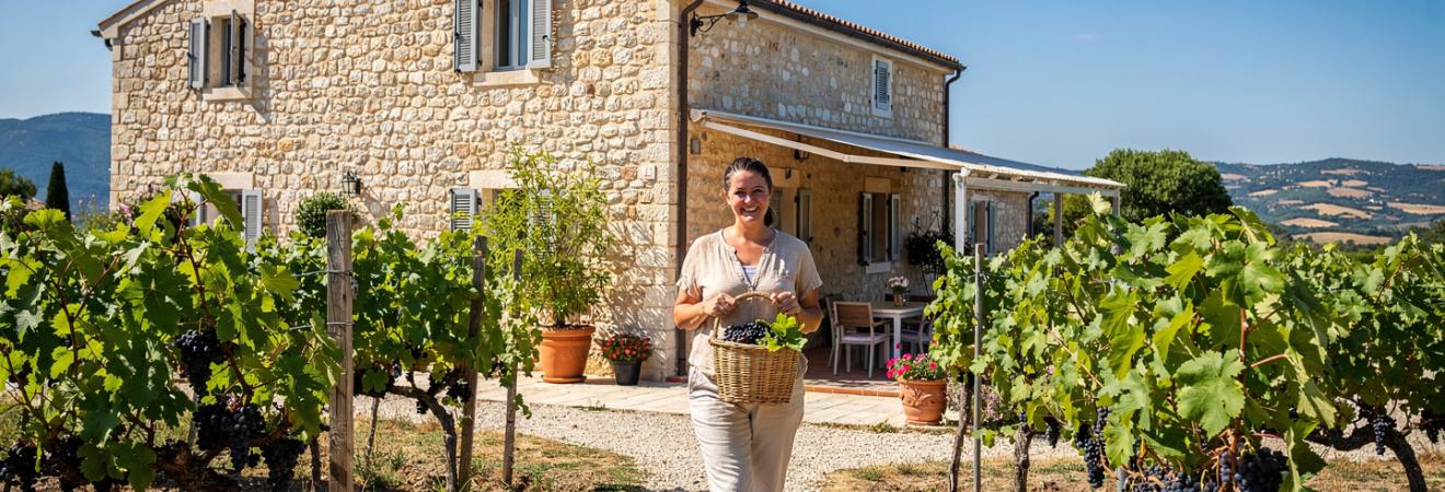Frau mit Traubenkorb vor einem mediterranen Ferienhaus.