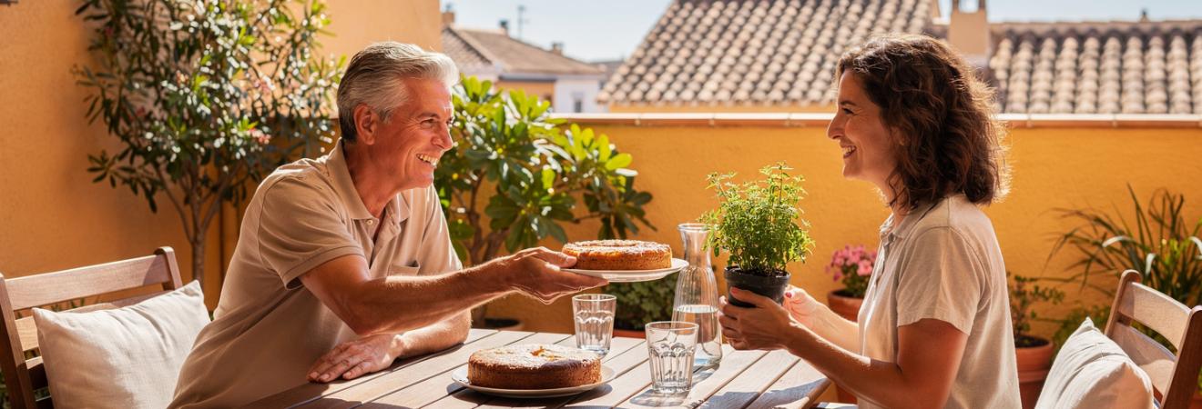 Nachbarn tauschen Kuchen und Kräuter auf einer sonnigen Terrasse.