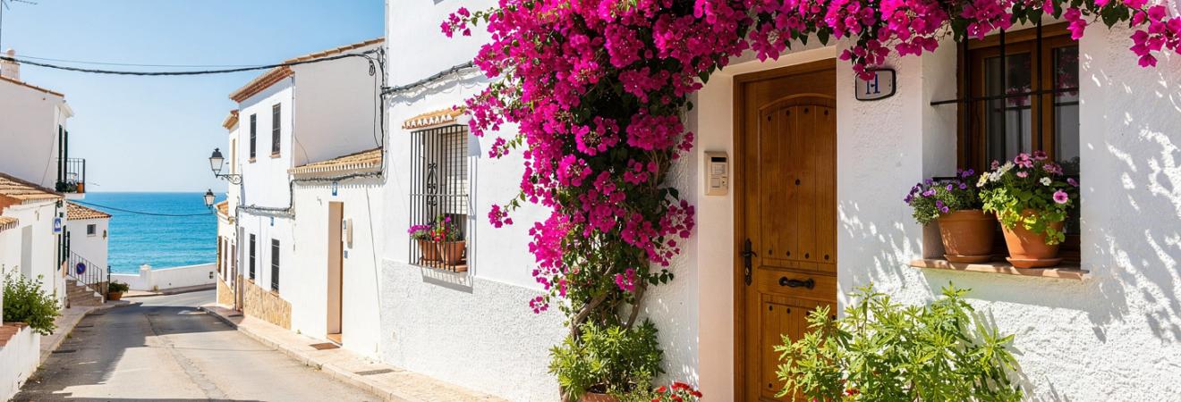 Weißes spanisches Dorfhaus mit Bougainvillea.