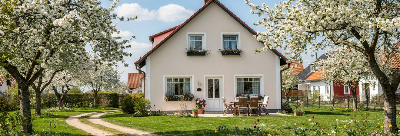 Hübsches Ferienhaus auf einer Blumenwiese unter blauem Himmel.