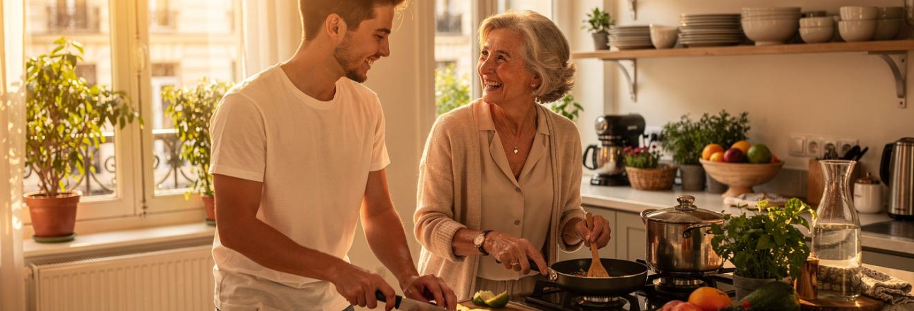 Studentin und ältere Frau kochen gemeinsam in einer Pariser Küche.