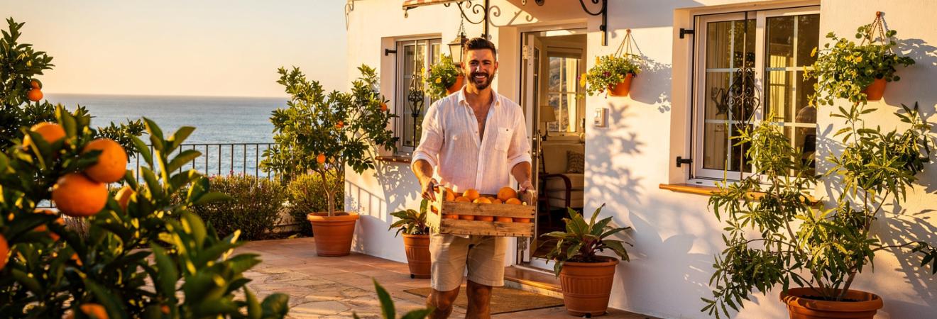 Mann trägt Orangen vor einem weißen Haus an der spanischen Küste.