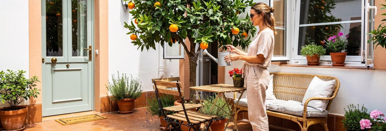 Frau gießt einen Orangenbaum in einem Madrider Patio.