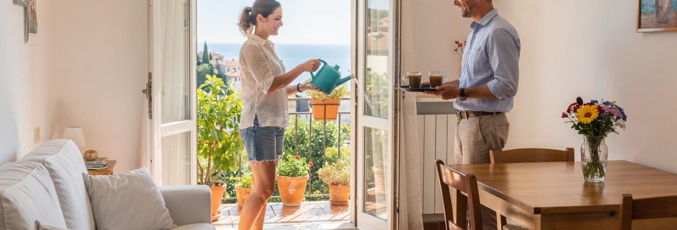 Frau gießt Pflanzen in einer italienischen Wohnung, Host bringt Kaffee.