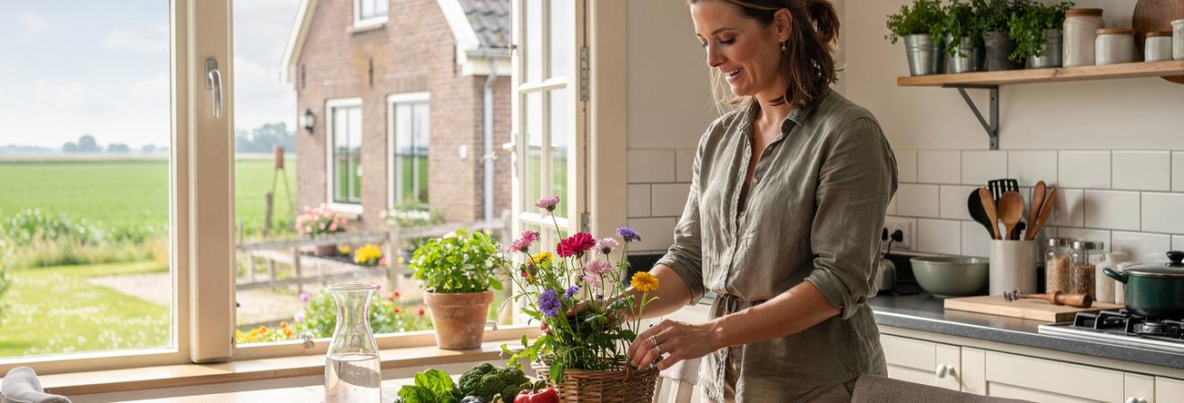Frau pflückt Blumen vor einem niederländischen Backsteinhaus.