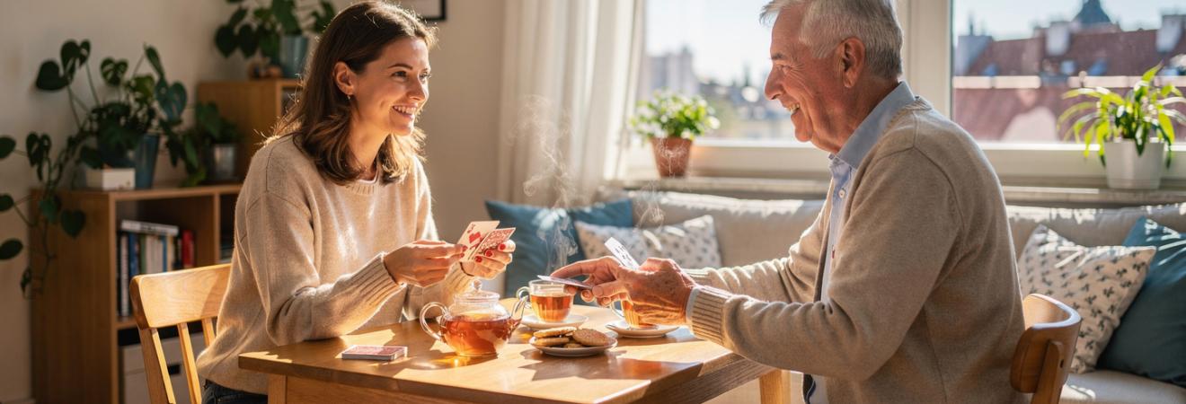 Junge Frau und älterer Mann spielen Karten am sonnigen Fenster.