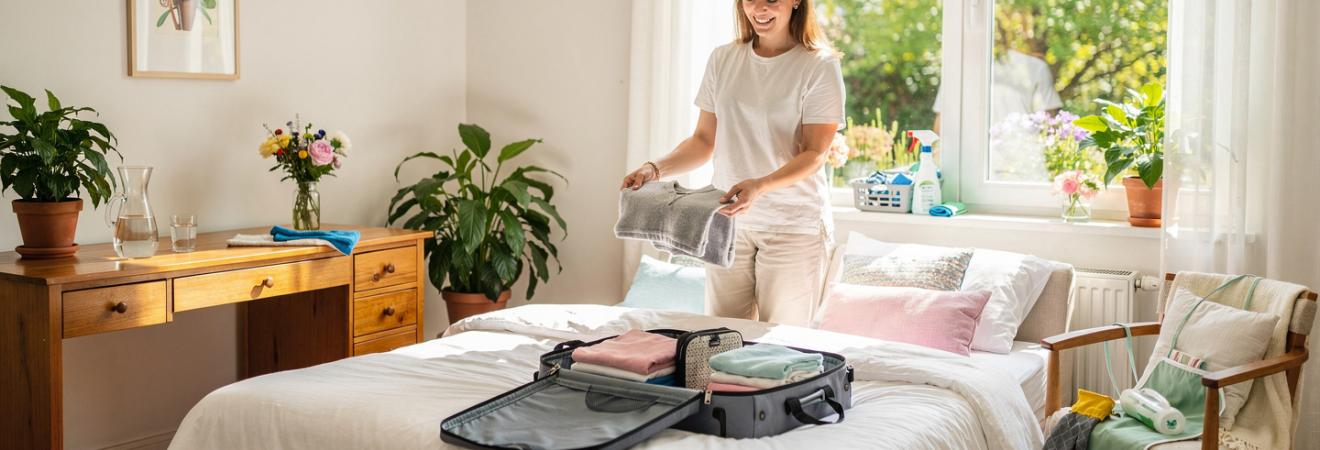 Junge Frau packt in einem hübschen möblierten Zimmer aus.