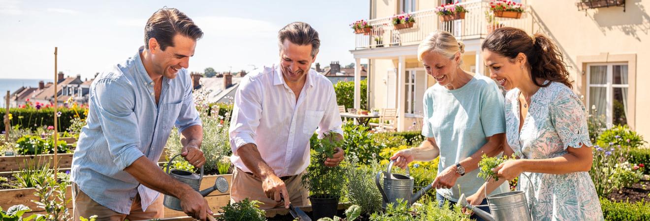 Freiwillige bepflanzen ein Hochbeet neben einem schönen Haus.