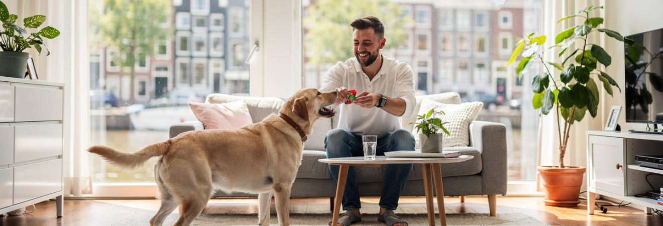 Mann spielt in einer Wohnung mit einem Labrador.