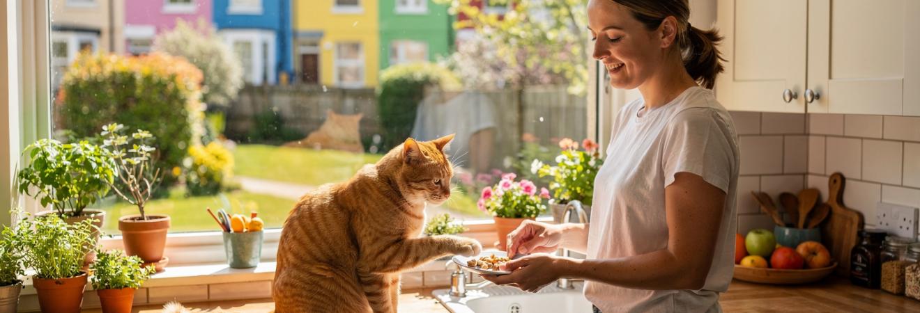 Frau füttert eine Katze in einer hellen Küche.