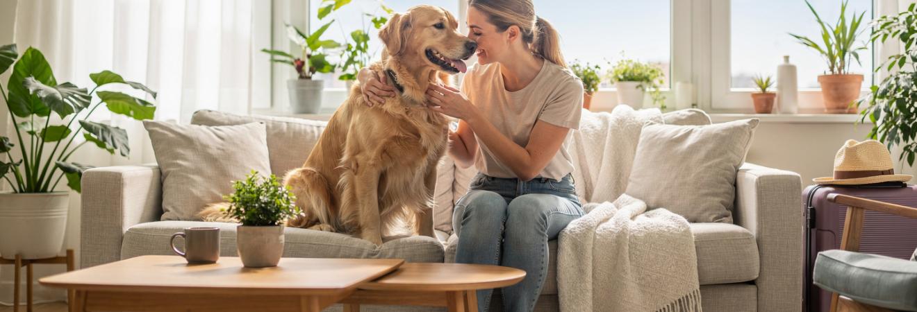 Junge Frau schmiegt sich an einen Golden Retriever.