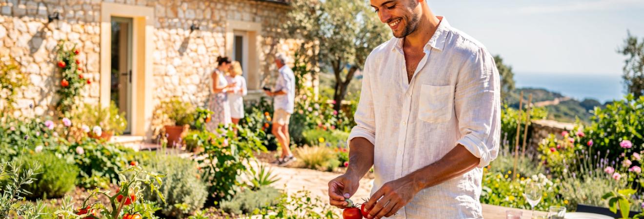 Mann erntet Tomaten im Garten eines sonnigen Ferienhauses.