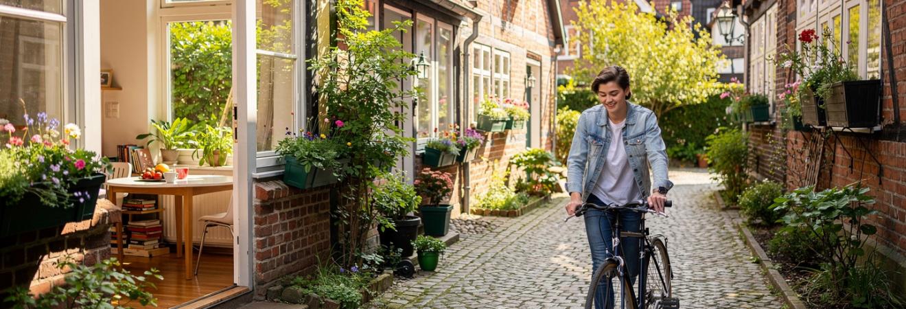 Studentin schiebt ein Fahrrad durch die Schnoor-Gasse in Bremen.