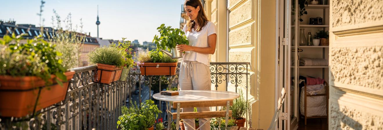 Frau gießt Kräuter auf einem sonnigen Berliner Balkon.