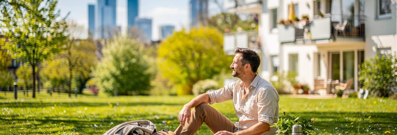 Mann sitzt im Park, Skyline von Frankfurt in der Ferne.