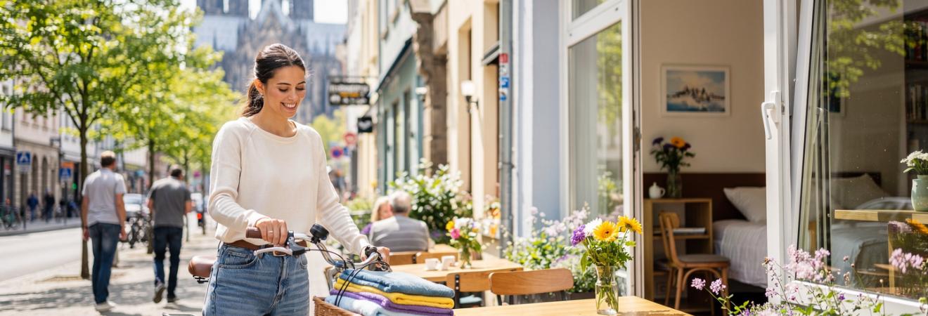 Frau schließt ein Fahrrad, der Kölner Dom unscharf im Hintergrund.