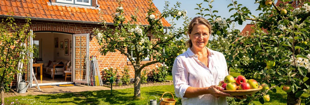 Frau pflückt Äpfel vor einem gepflegten Backsteinhof.