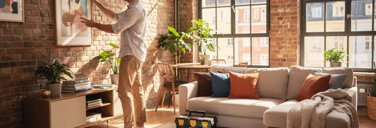Mann hängt ein Bild in einem hellen Loft mit Industriefenstern auf.