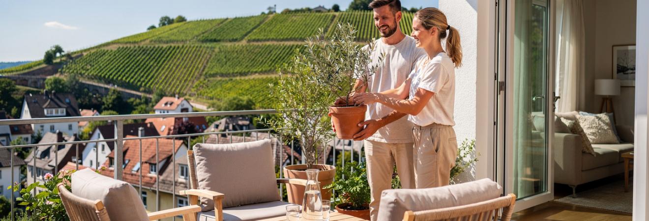 Paar stellt einen Olivenbaum auf eine Stuttgarter Hangterrasse.